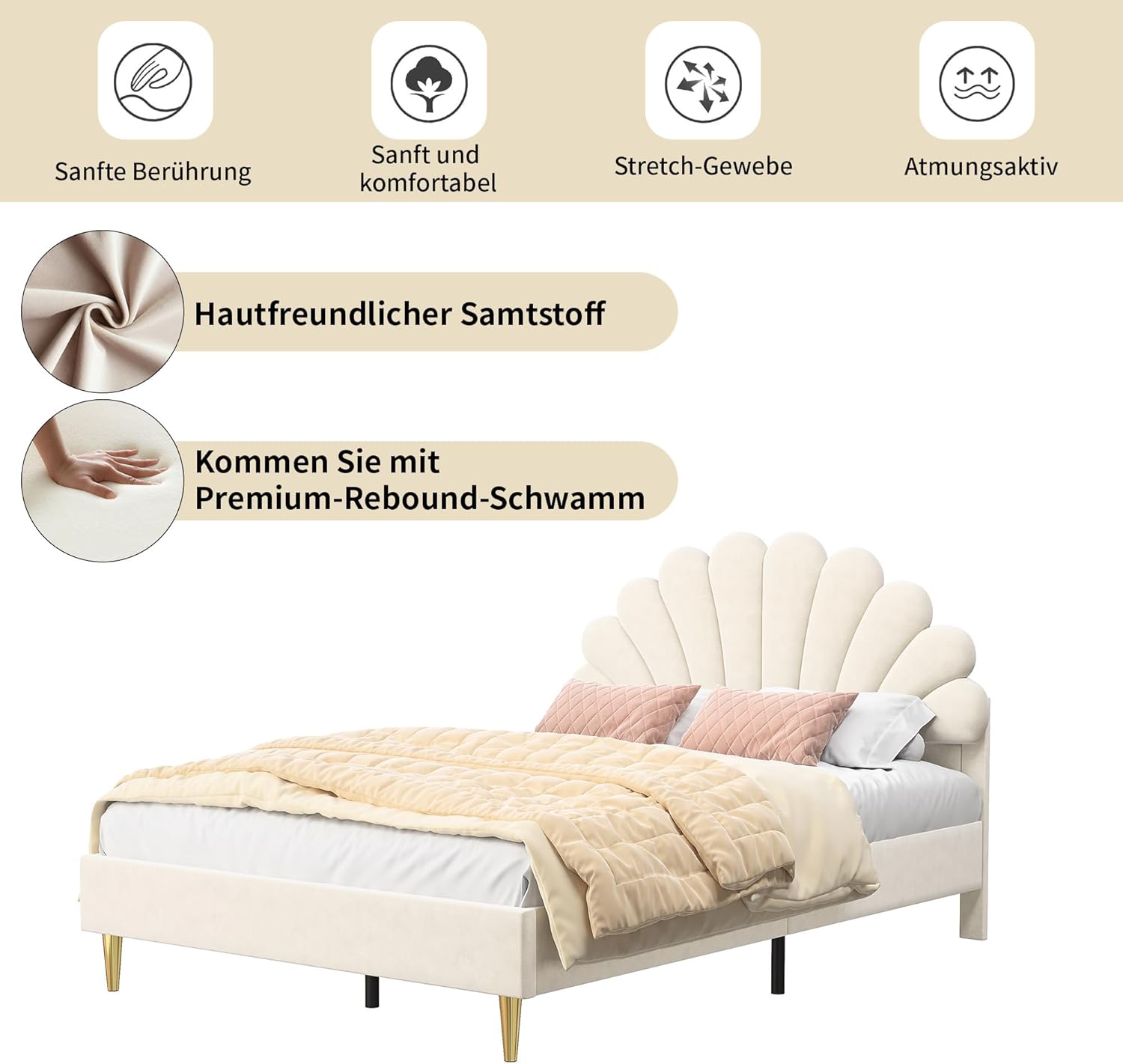 Kinderbett Polsterbett 140x200 cm, Bettgestell für Mädchen mit geblümtem Kopfteil und Lattenrost, Samt Doppelbett muschelartiges Bett mit goldenen Eisenbeinen, ohne Matratze (Beige)