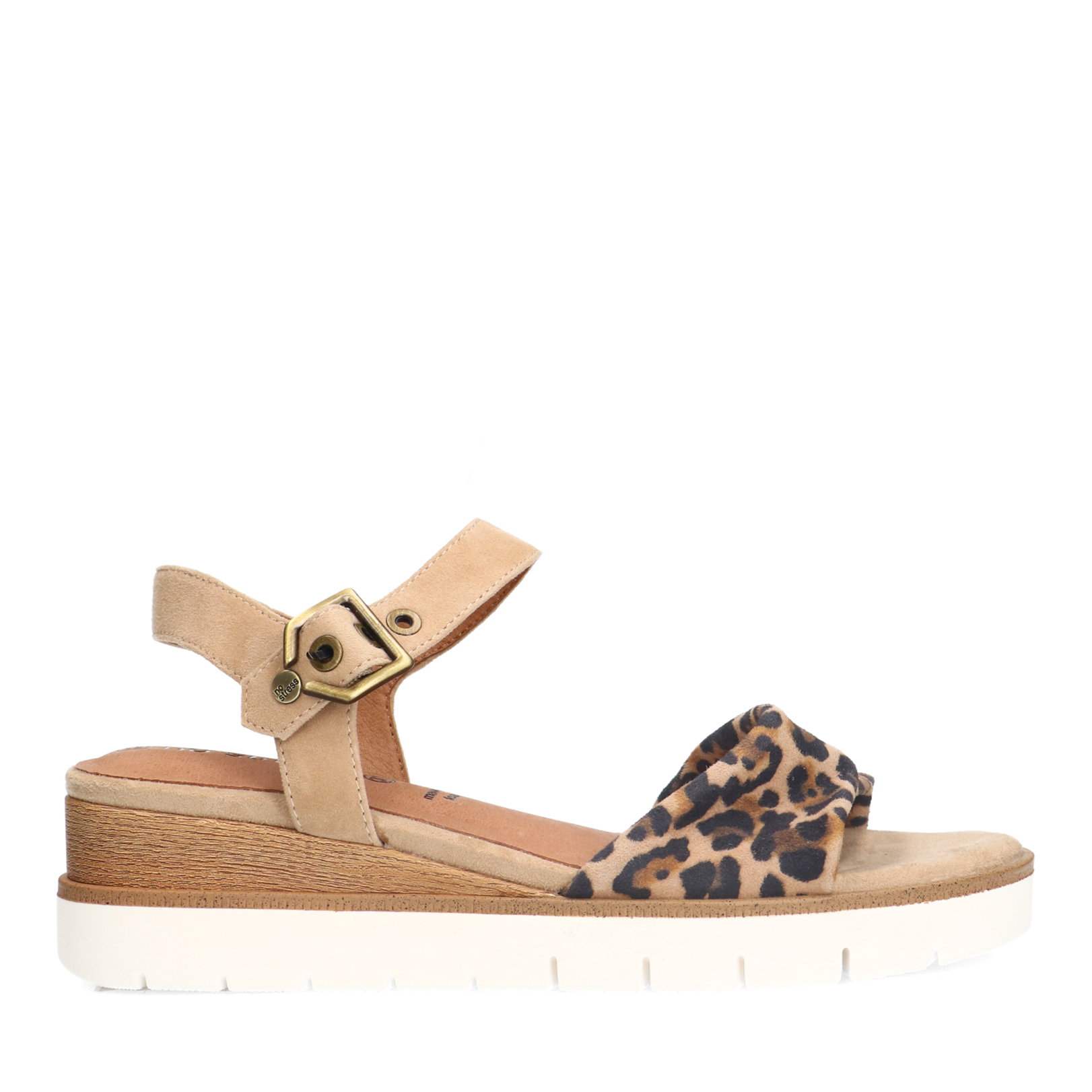Beige suède sandalen met leopard details