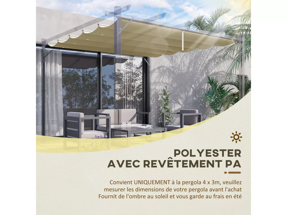 Toile de rechange pour pergola rétractable 4 x 3 m polyester haute densité 180 g/m² imperméabilisé beige