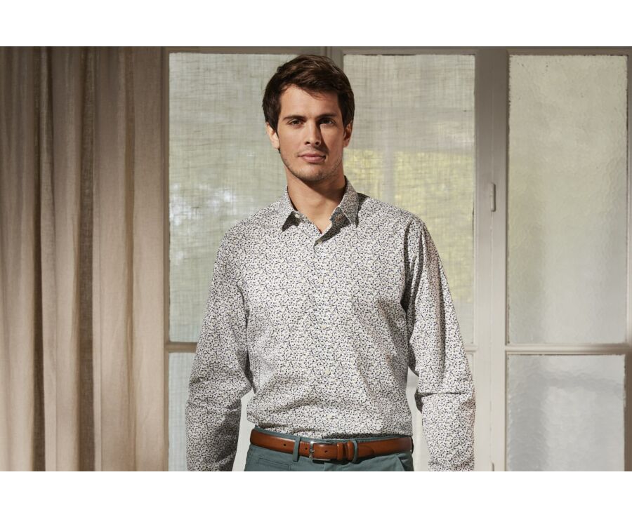 Chemise homme blanche à imprimé fleuri blanc et taupe - HÉMÉRIC