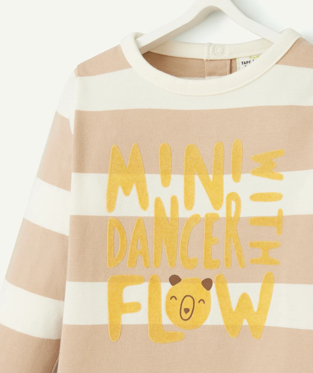 T-SHIRT BÉBÉ GARÇON EN COTON BIO AVEC MESSAGES ET IMPRIMÉ RAYÉ BEIGE