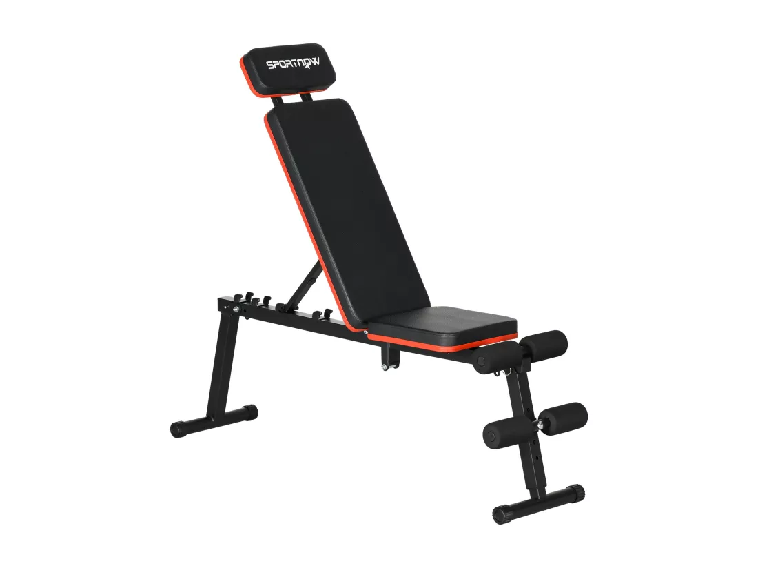 Banc de musculation pliable inclinable abdominaux - 4 coussins presse-jambes - acier PU rouge noir