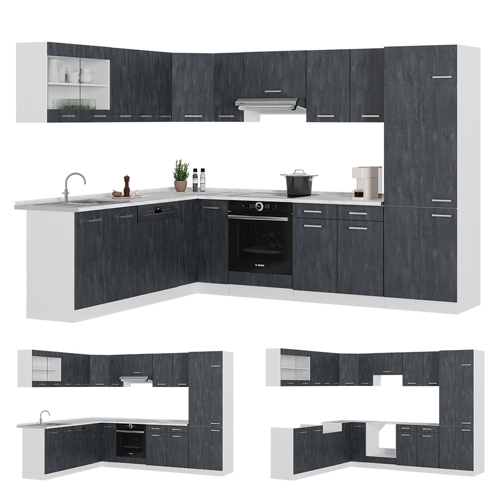Vicco Eckküche R-Line 287x227 cm Schwarz Beton Weiß mit Arbeitsplatte Weiß Marmor