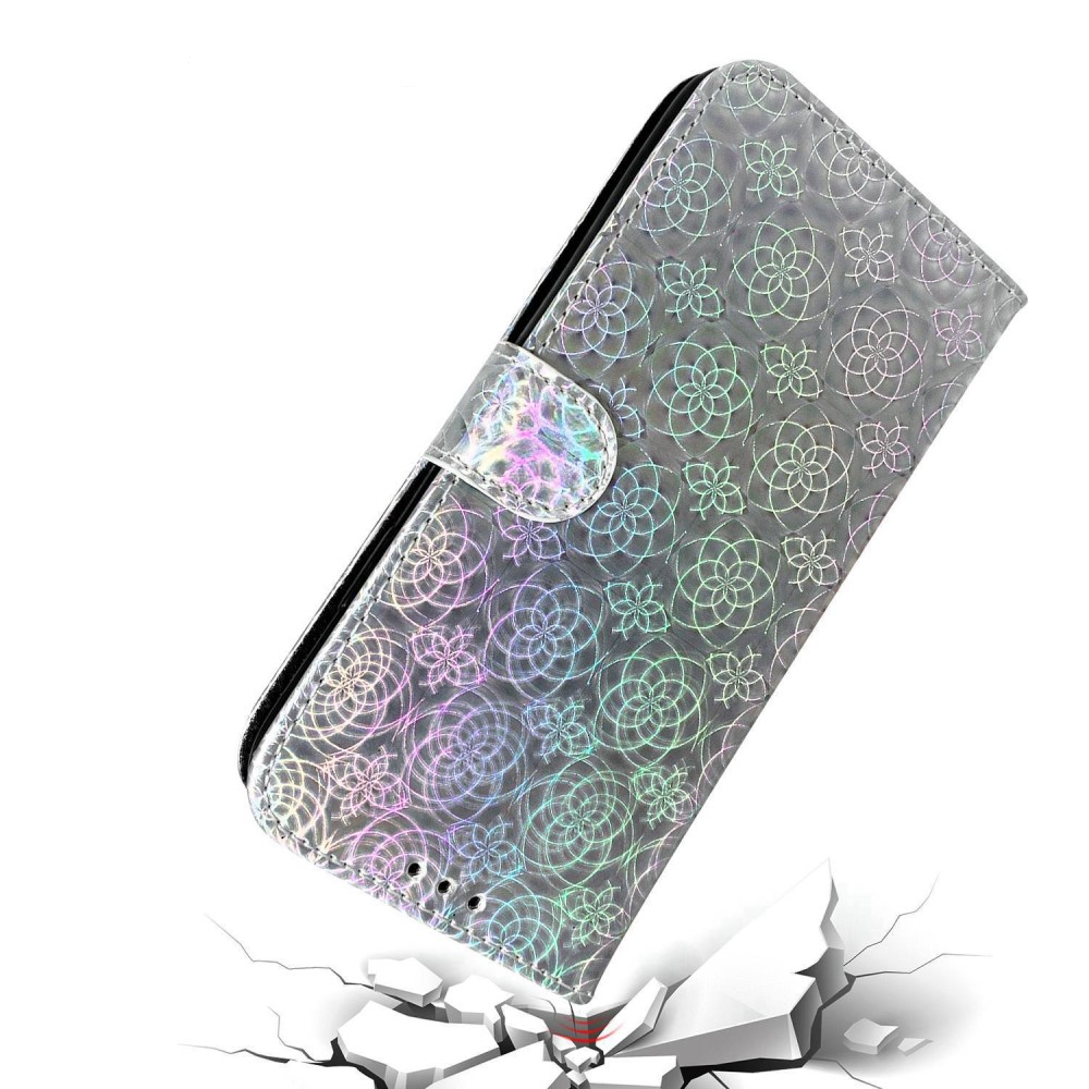 iPhone 14 Pro Leder Tasche Wallet mit Flower Laser Hologramm - Silber