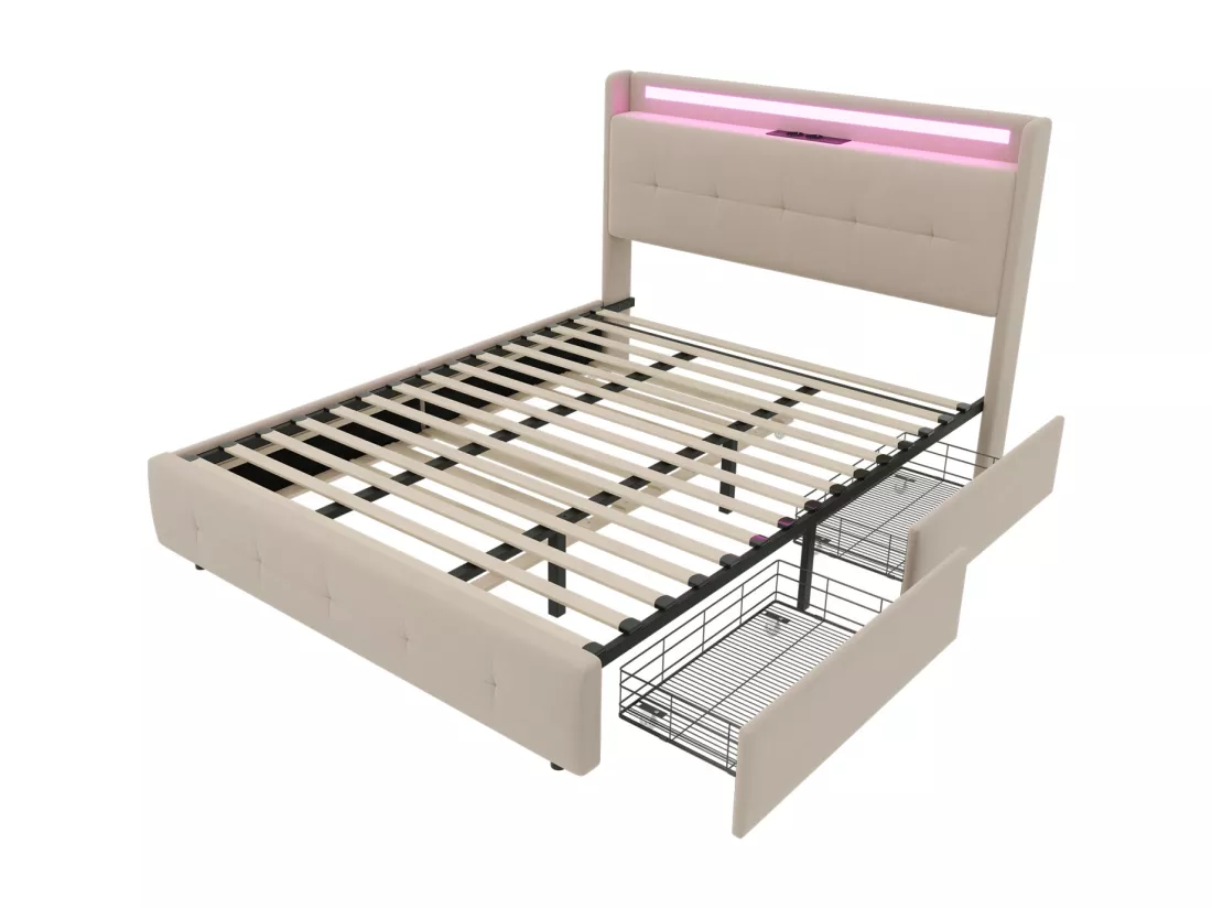 Lit double rembourré 160x200 cm Lit adulte avec lit gigogne éclairage LED 2 tiroirs ports USB et sommier à lattes - beige