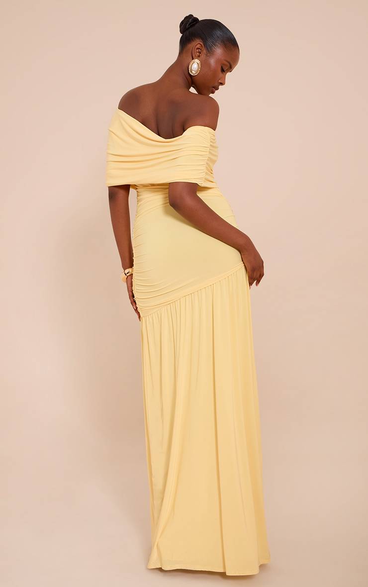 Citron Robe Longue Froncée À Double Couche Slinky Bardot Asymétrique