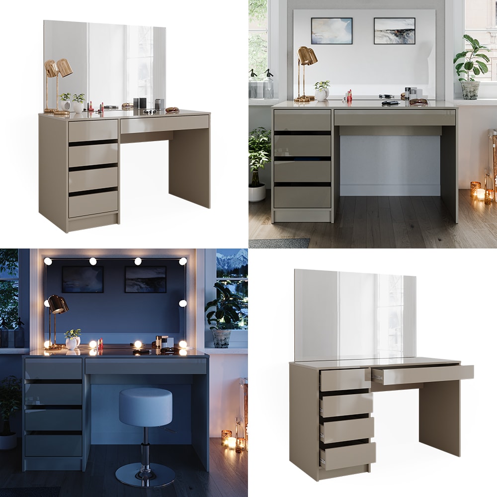 Vicco Schminktisch Sherry Greige Hochglanz 120 x 75 cm 5 Schubladen Spiegel