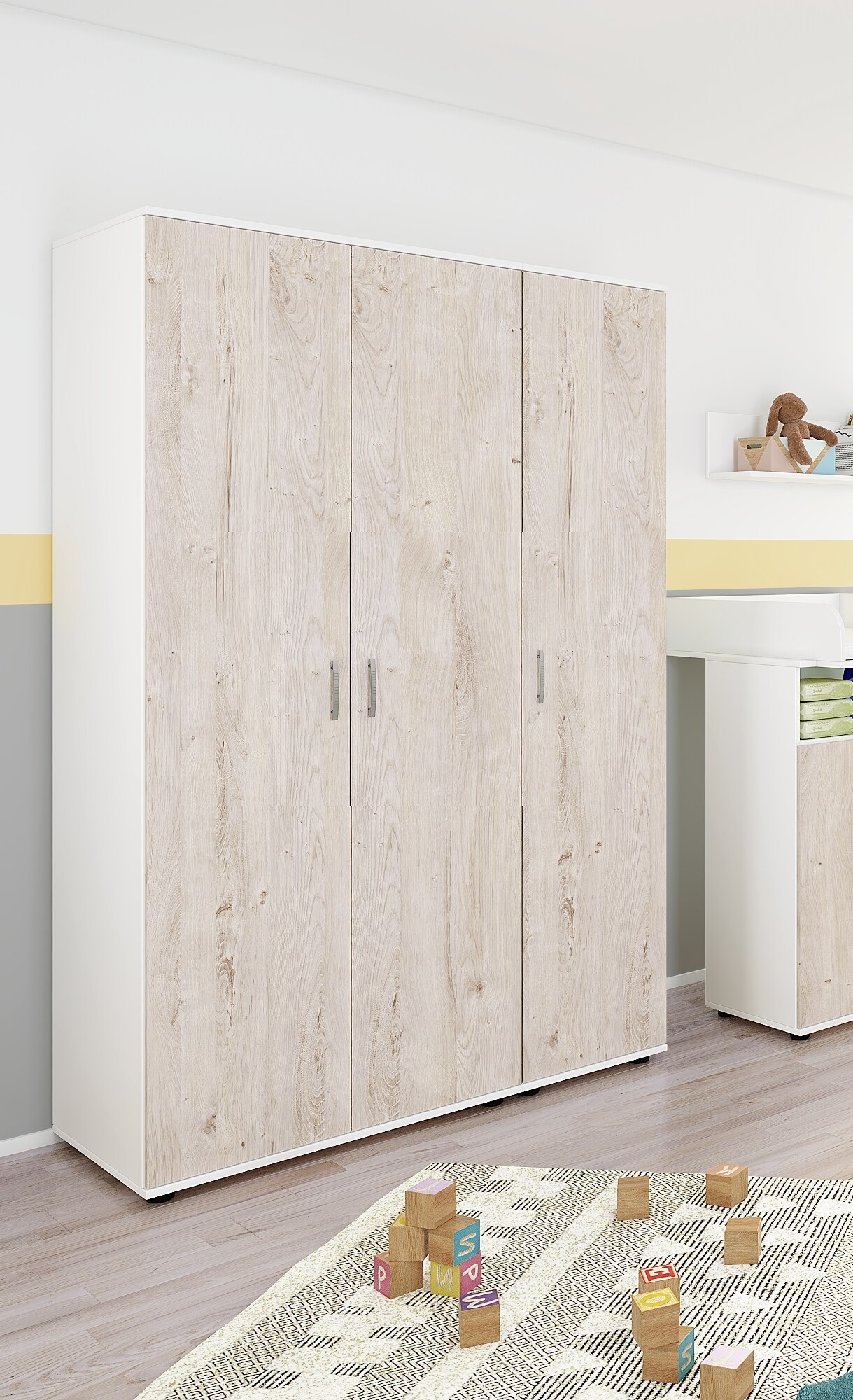 nonjoo. Babyzimmer Hanna Kleiderschrank 3-trg., mit Fachböden, Kleiderstange und Wäschefächern