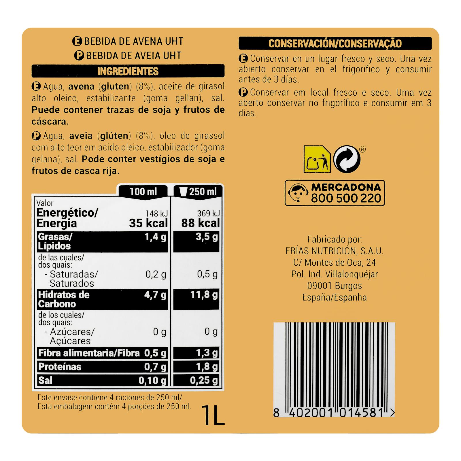 Boisson à l'avoine Hacendado 0% de sucre