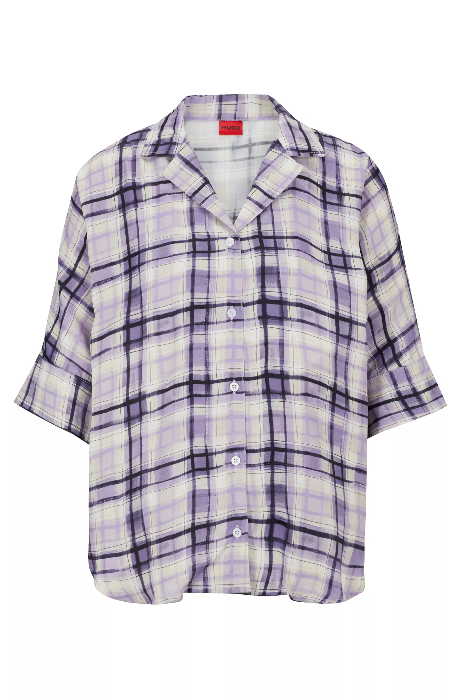 Camisa de pijama HUGO vermelha, modelagem relaxada, em cetim xadrez.