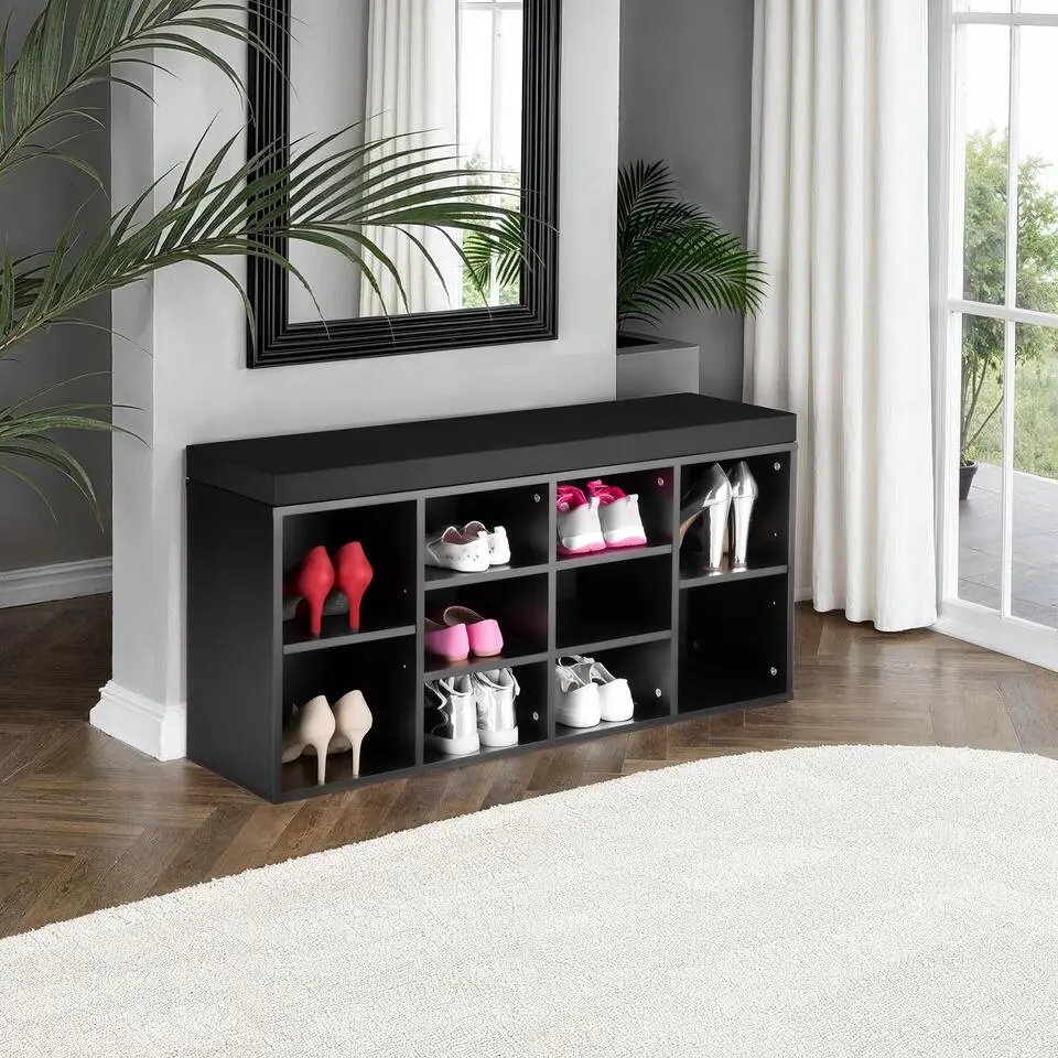 tectake Schoenenkast met zitkussen 103,5x48x30cm, Zwart