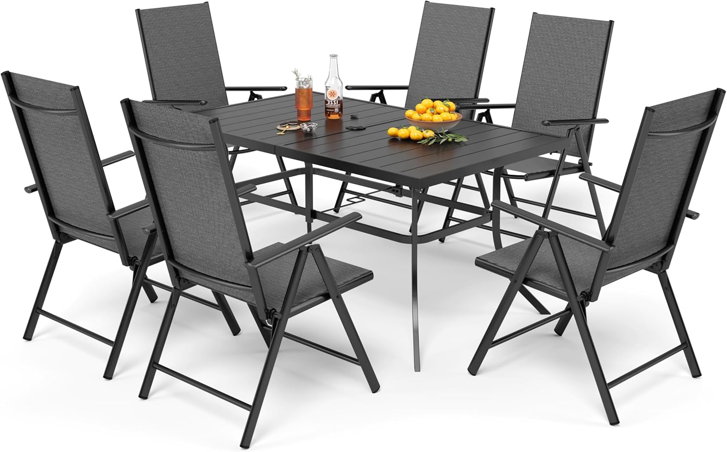 PHI VILLA Gartenmöbel Set Balkonmöbel Gartentisch mit Stühlen152×90 Metall Gartentisch 7-Fach Verstellbar Hochlehner Klappbar Sets of 6, Terassenmöbel Außen Wetterfest Schwarz