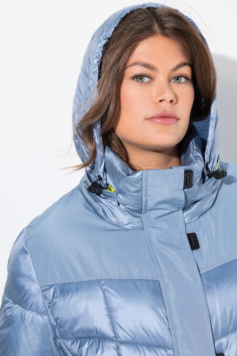 Steppjacke, Stehkragen, eingerollte Kapuze, 2-Wege-Zipper