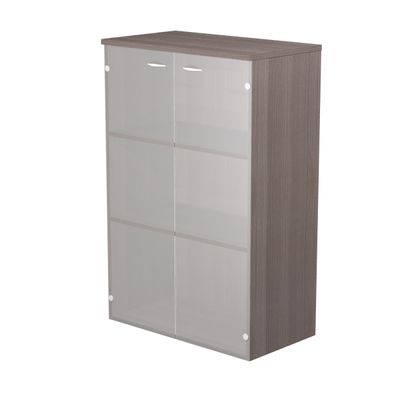 Bibliothèque mi-haute Trend - L80xP35xH120 cm - 2 portes en verre dépoli - imitation frêne Toscan