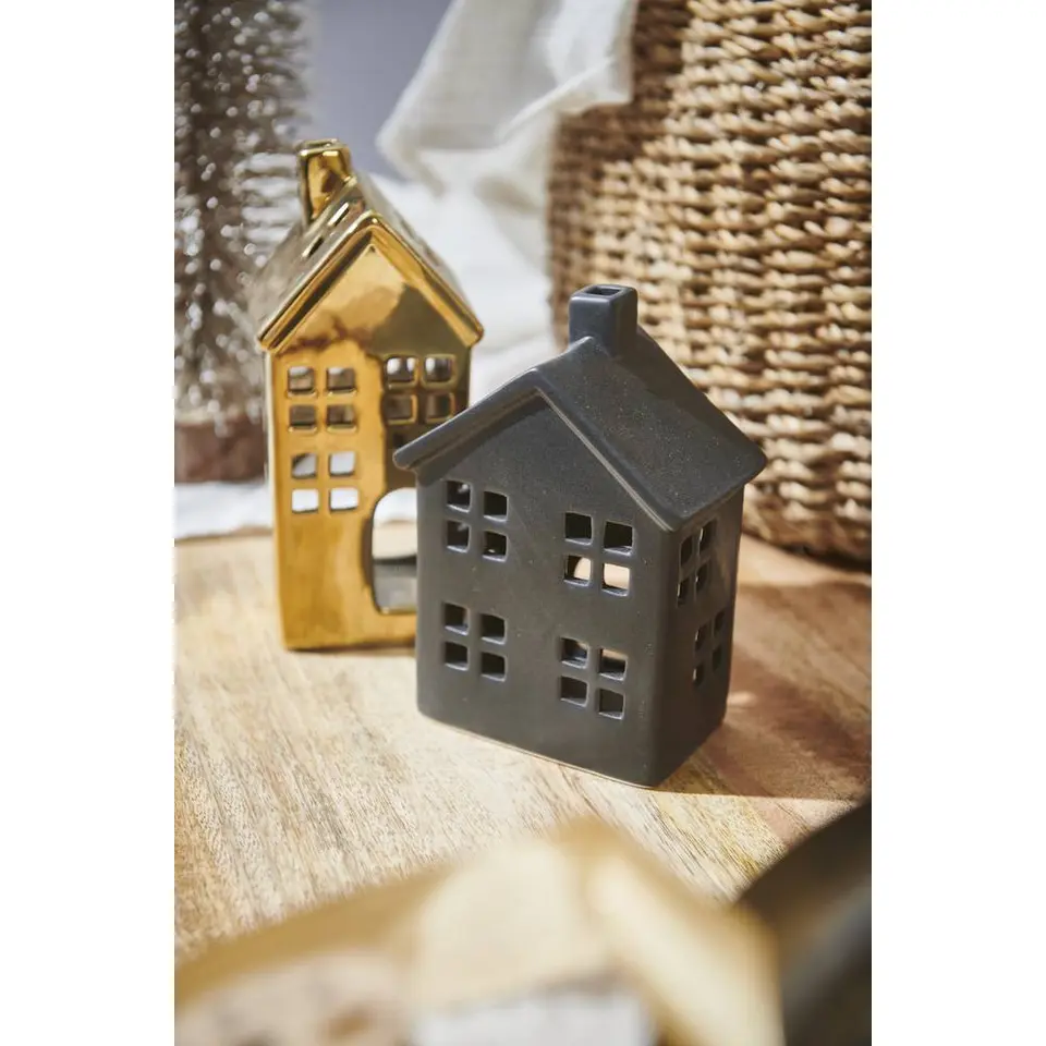 Waxinelichthouder Huis - zwart - 17,5x8x7 cm