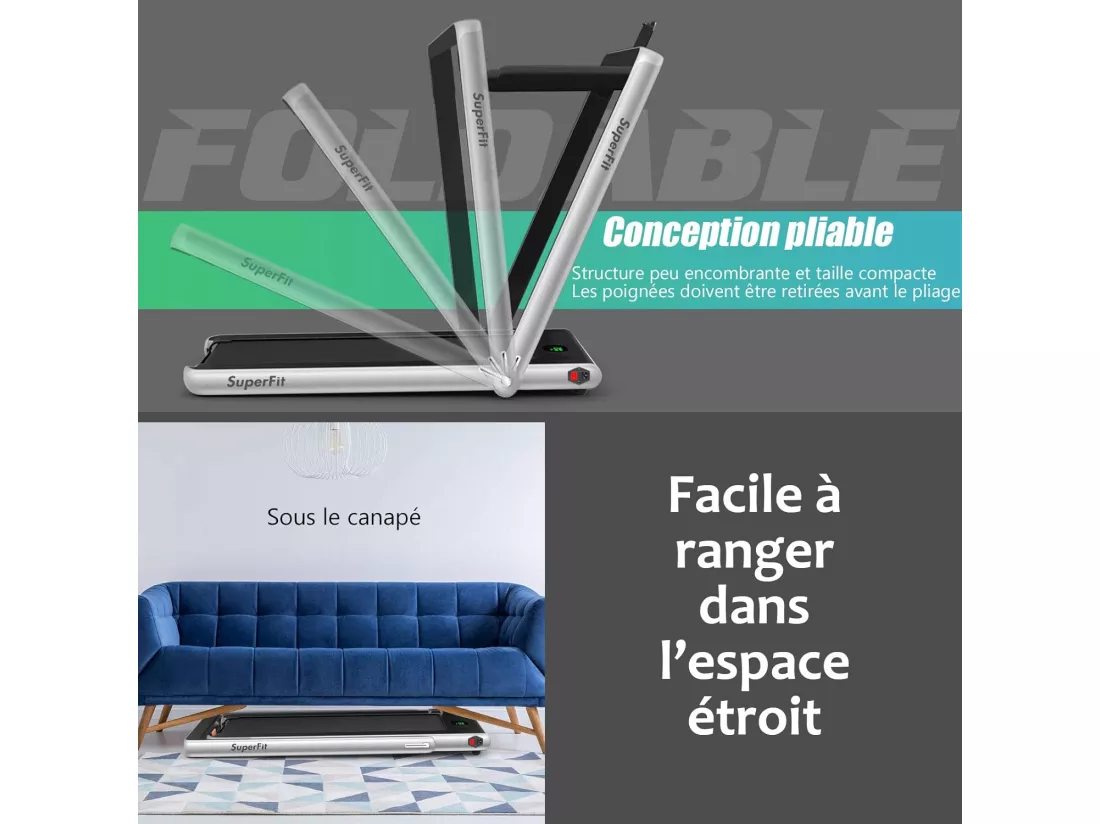 Tapis de Course Electrique Pliable 2 en 1 Contrôlé par APP 12 Km/H avec Ecran LED Haut-parleur Bluetooth Moteur 0,75HP (Argent)