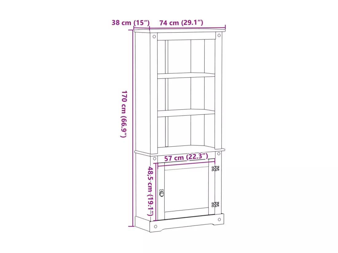 Buffet haut Corona 74x38x170 cm bois de pin massif