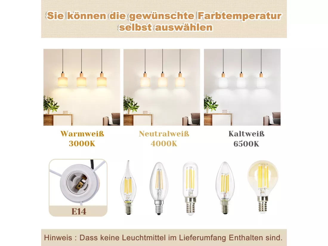 NETTLIFE Suspension bois blanc Diam.47 cm E14 vintage rustique abat-jour en tissu suspendu pour restaurant cuisine salon bureau