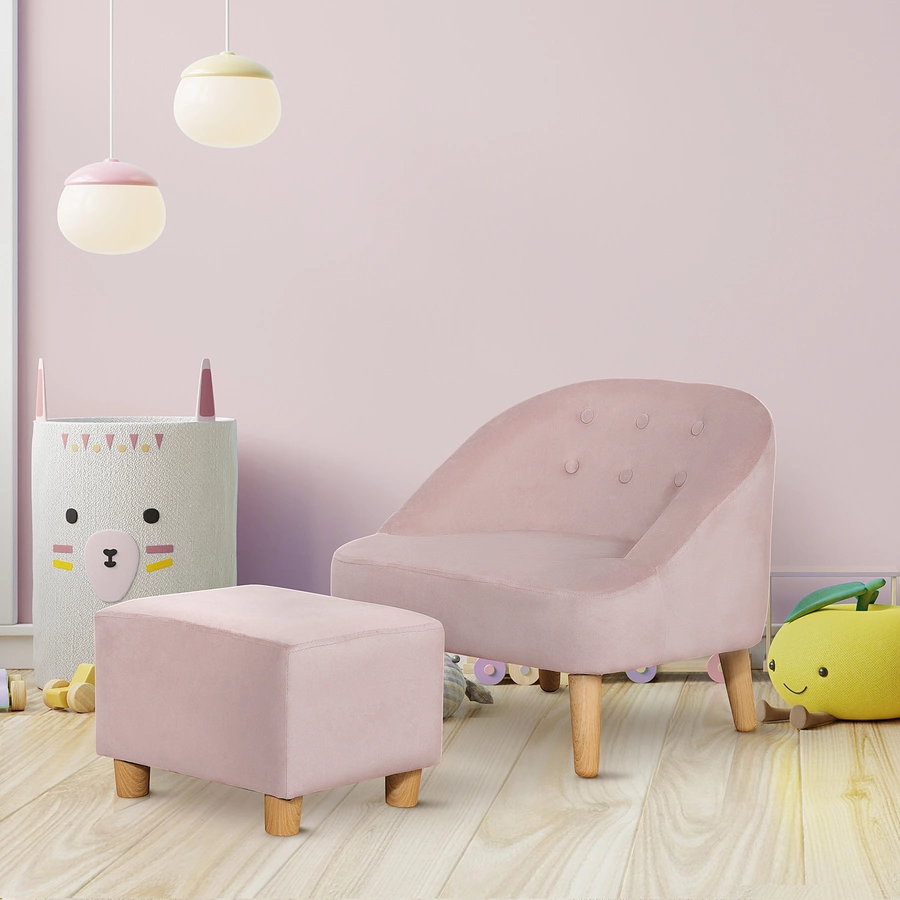 HOMCOM Kindersofa-Set mit Fußhocker rosa