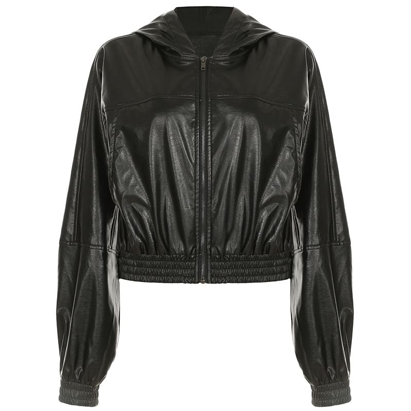 Honet - Lange mouwen imitatieleren cropped jas met rits en capuchon