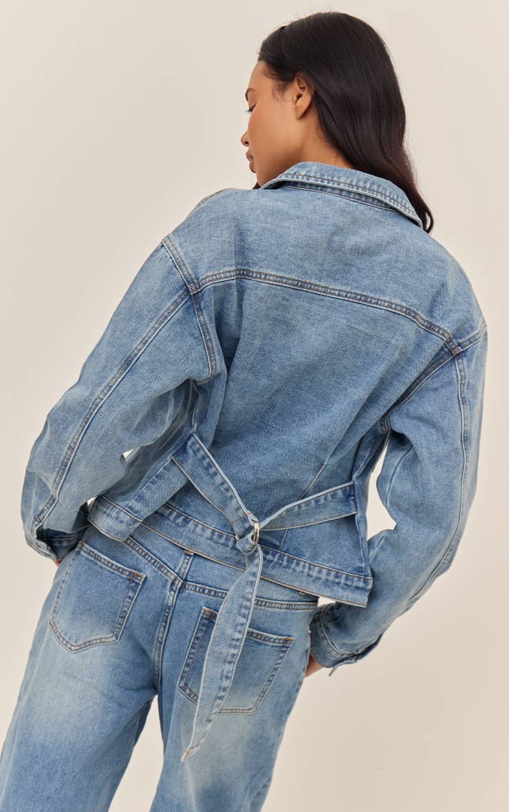 Mid Blue Wash Veste En Jean Plissée Avec Dos Cintré