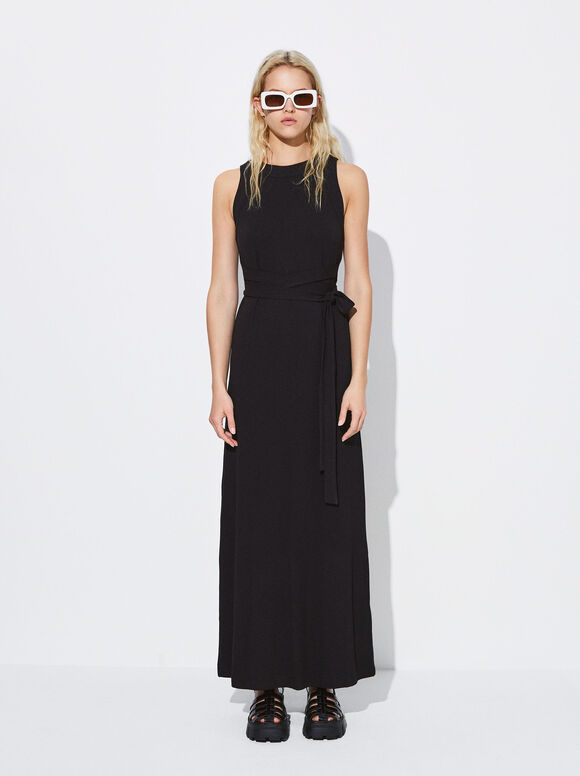 Vestido longo com cinto e laço - Preto