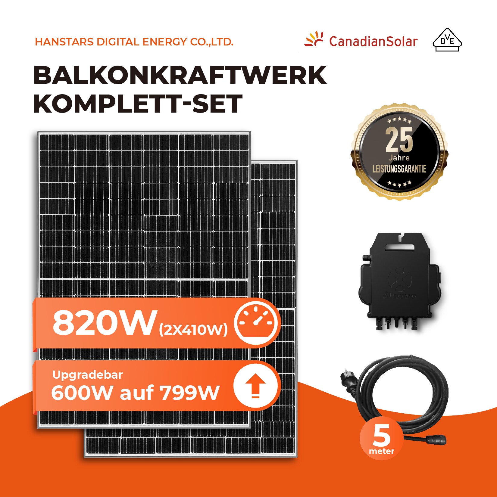 Balkonkraftwerk, 820W Canadian Solar PV-Module, 600/799W Ausgang mit APsystems WR, AC-Kabel, APP
