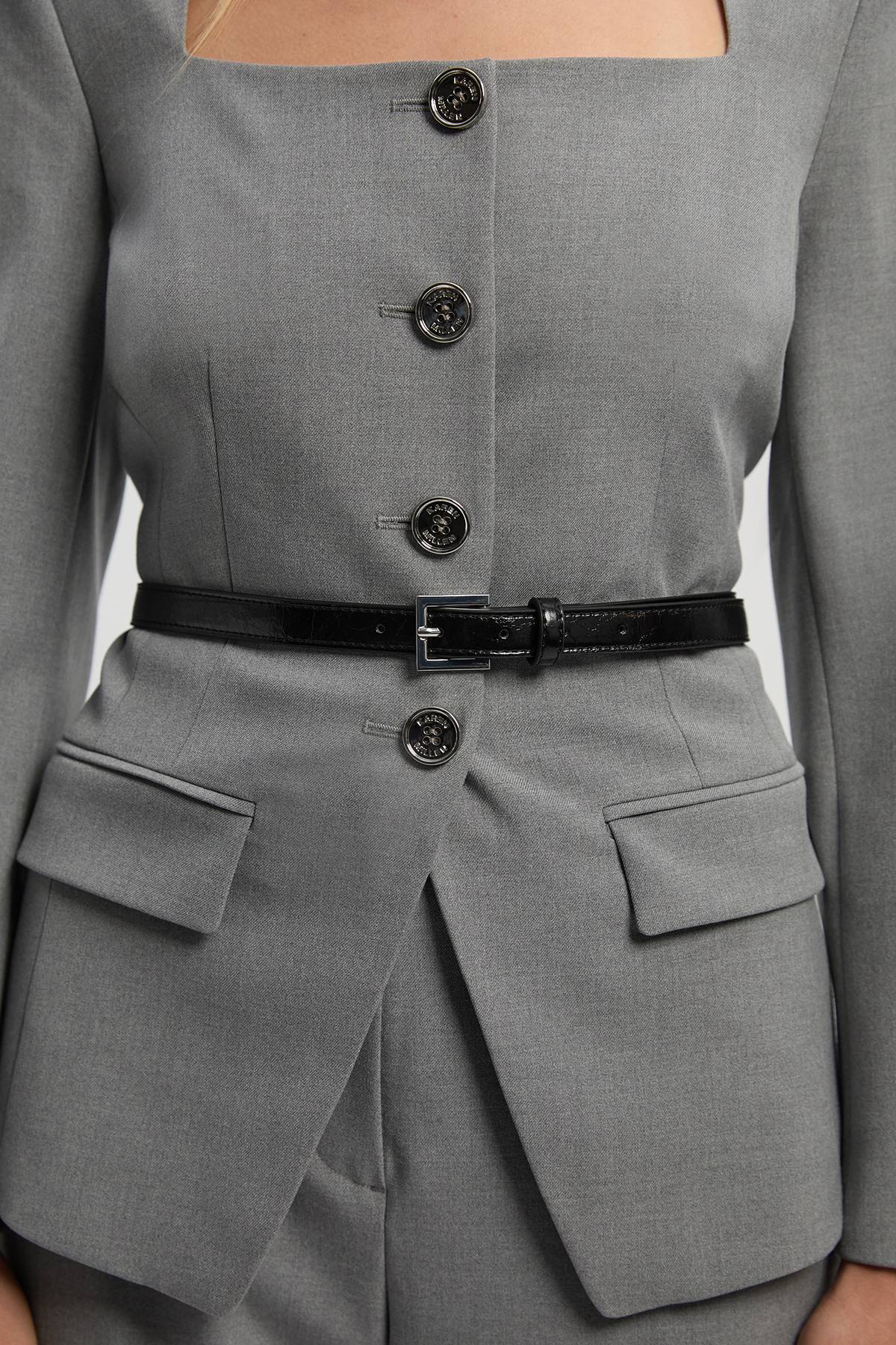 KarenMillen Blazer Ajusté Chiné à Col Carré avec Ceinture