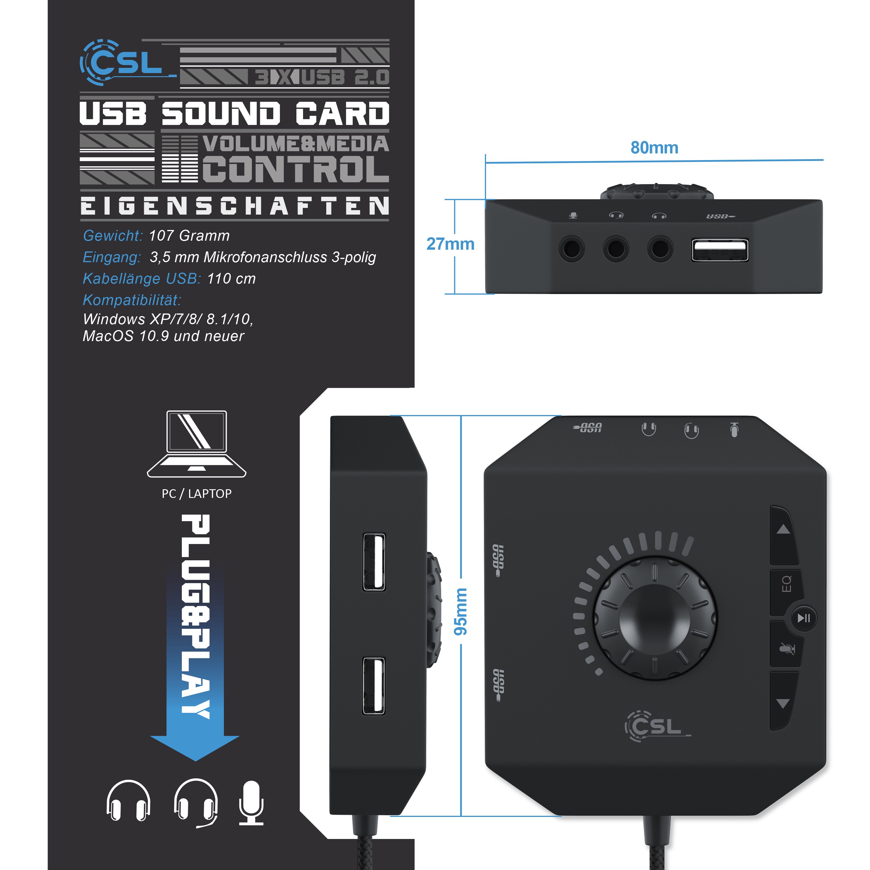 CSL externe USB Soundkarte mit Lautstärkeregelung Anschluss für Headset, Kopfhörer, Mikrofon