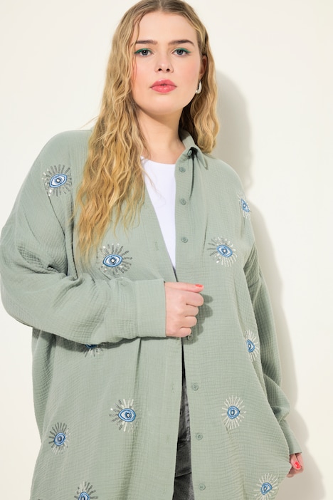 Bluse, oversized, Musselin, Augen-Stickerei, Langarm