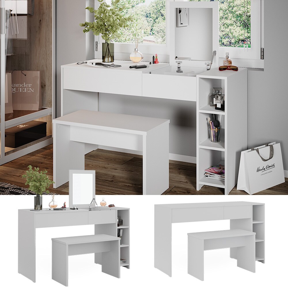 Vicco Schminktisch Kira, 129 x 76 cm, Weiß, Frisiertisch inkl. Spiegel und Bank, modern