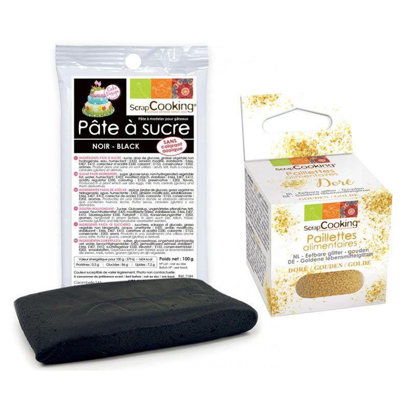Pâte à sucre noire 100 g + paillettes dorées Scrapcooking