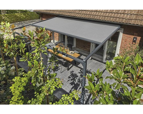SOLUNA Pergola met stoffen dak 4x4, doekdesign 8445, frame RAL 7016 antracietgrijs, aandrijving rechts inclusief motor, wandschakelaar (wandmontage)