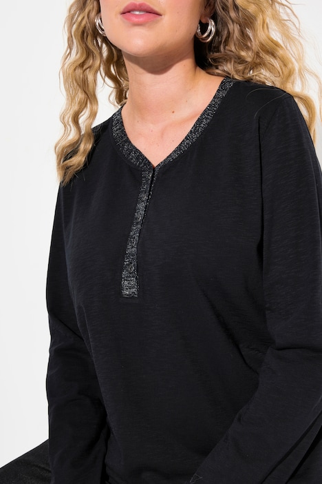 Shirt, Glitzer-Knopfleiste, V-Ausschnitt, Langarm