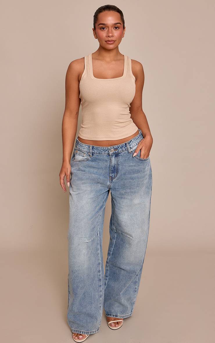 Mid Blue Wash Jean En Denim Shape Bleu Moyen Taille Échancrée Ajusteurs Latéraux Jambe Baril