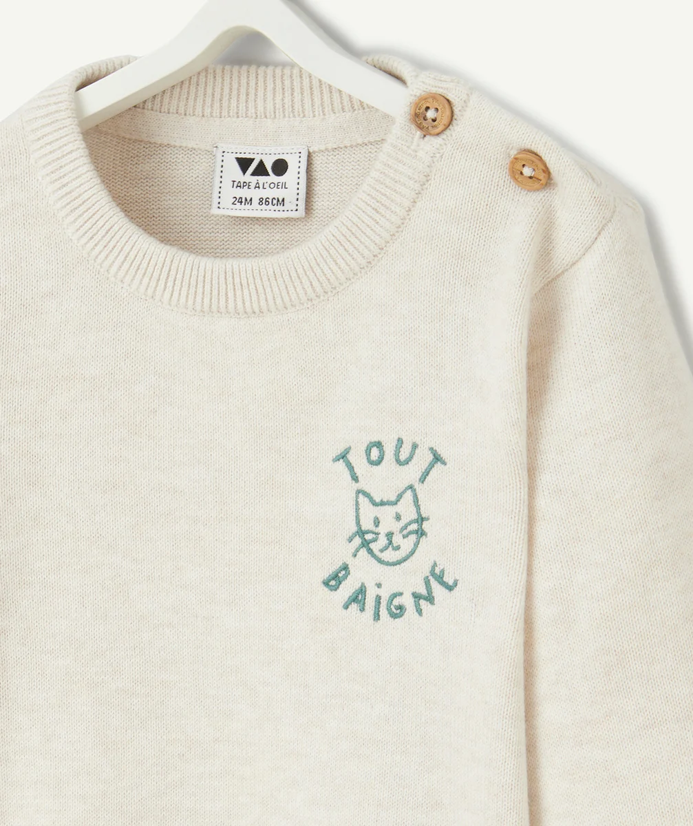PULL TRICOT BÉBÉ GARÇON EN COTON BIO ÉCRU CHINÉ AVEC BRODERIES