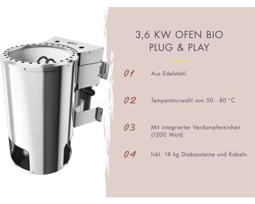Energiezuinige modulaire sauna Karibu Benina inclusief 3,6 kW biooven en externe regeleenheid met dakrand, houten deur en geïsoleerd glas