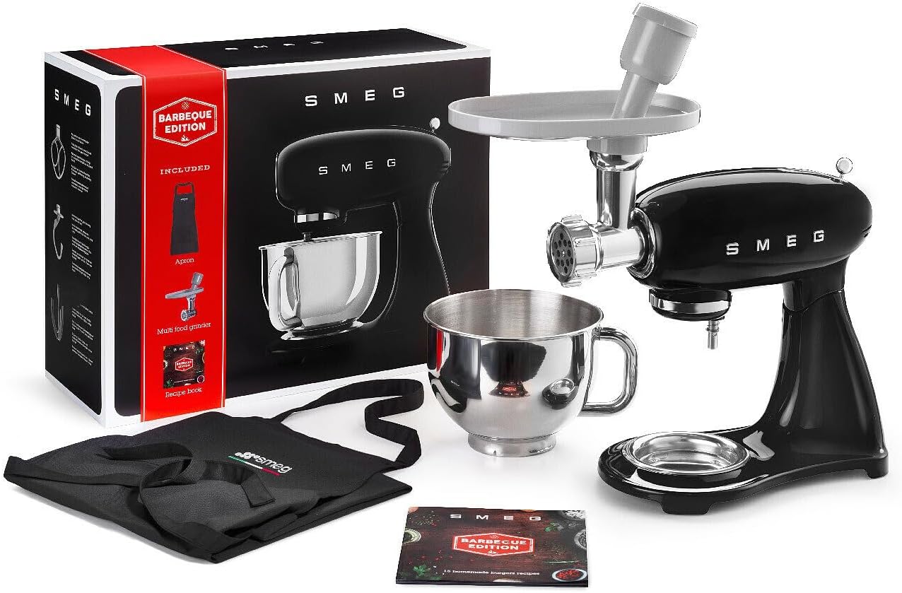 Smeg, Planetenmixer SMF23BLEU Barbecue Edition mit Fleischwolf, Grambiule und Rezeptbuch inklusive, Schwarz