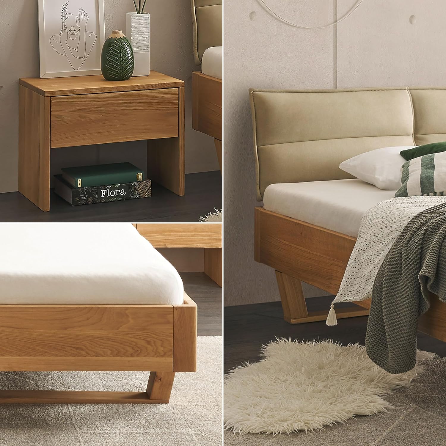 TJARK Modernes Massivholzbett 140x200, Eiche - Komfortables & hochwertiges Balkenbett mit gepolstertem Kopfteil - 146 x 89 x 219 cm (B/H/T)