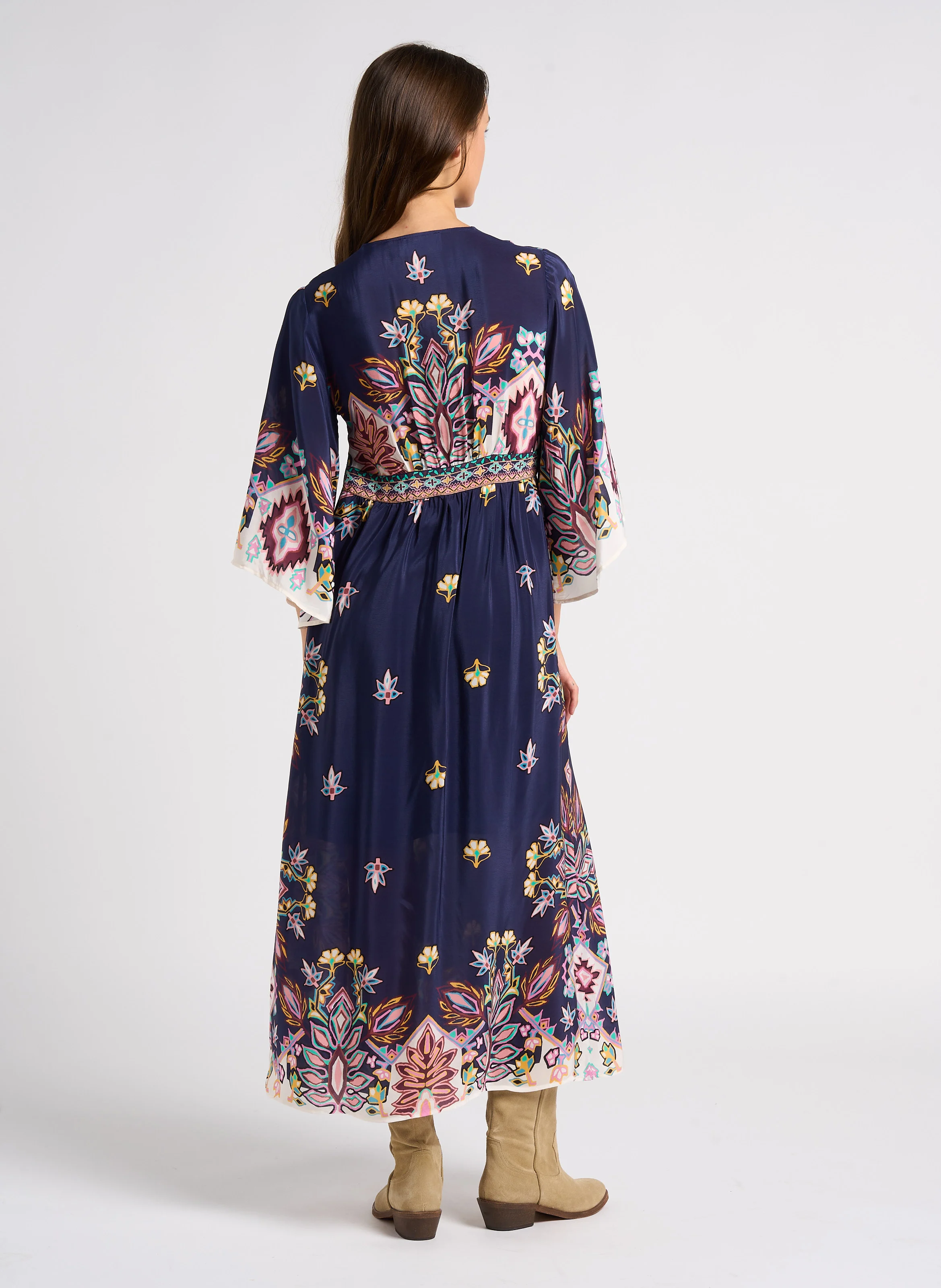 LUFIA - Robe longue évasée col V imprimée | Bleu