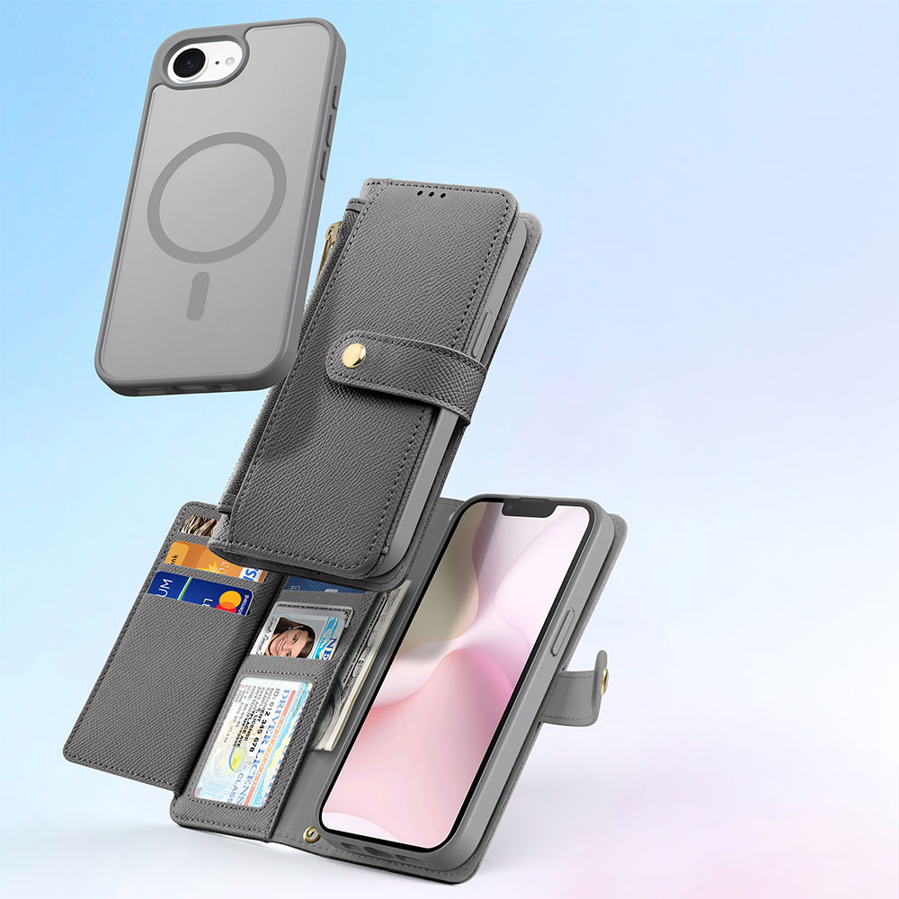 iPhone 16e Leder Tasche mit Kartenfächer   Münzfach   MagSafe Schutzhülle - Grau