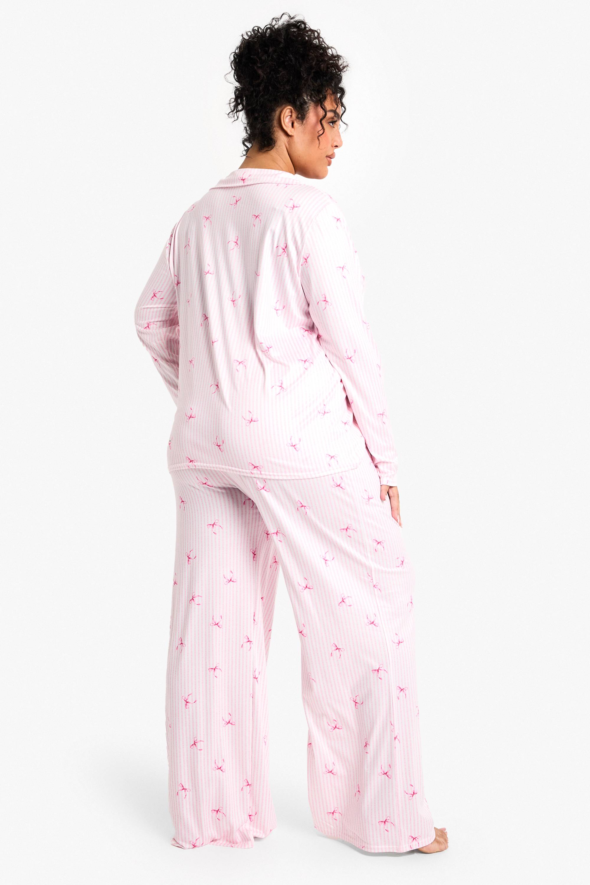 boohoo Plus Ensemble Pyjama Taille Plus à Imprimé Rayé et Nœud, Manches Longues & Pantalon