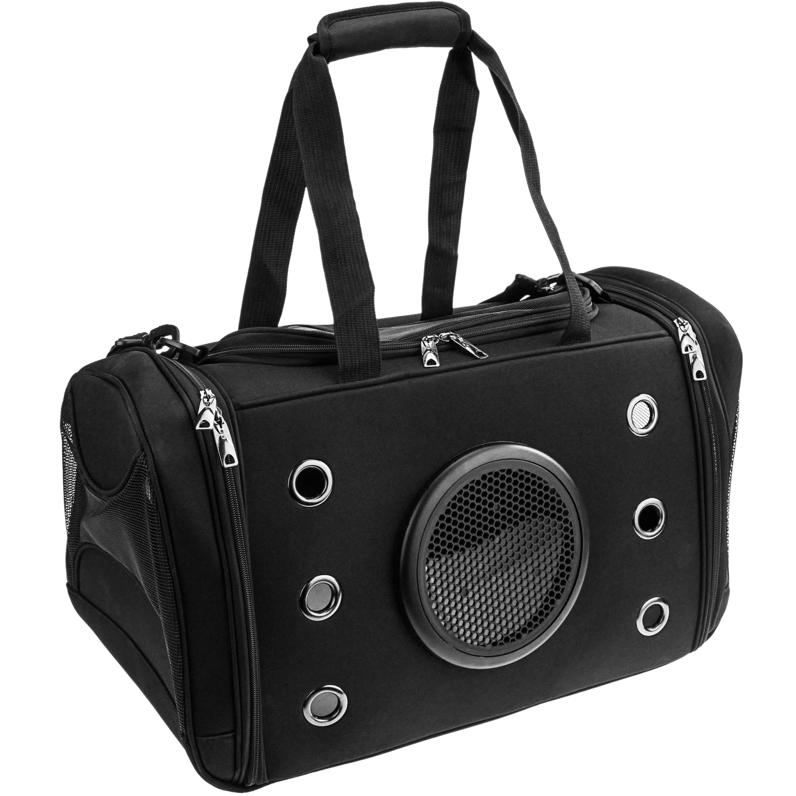 Bolsa de transporte para animais de estimação, para cães e gatos, em lona preta.