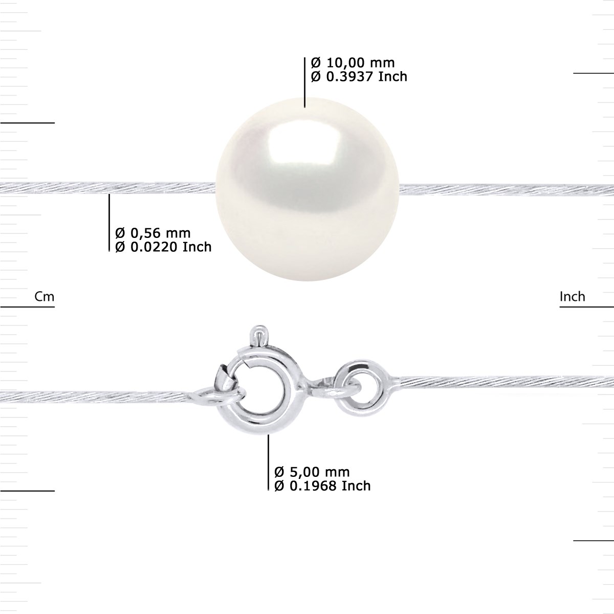 Collier Câble Véritable Perle de Culture d'Eau Douce Ronde et Blanche 10-11 mm Or Blanc