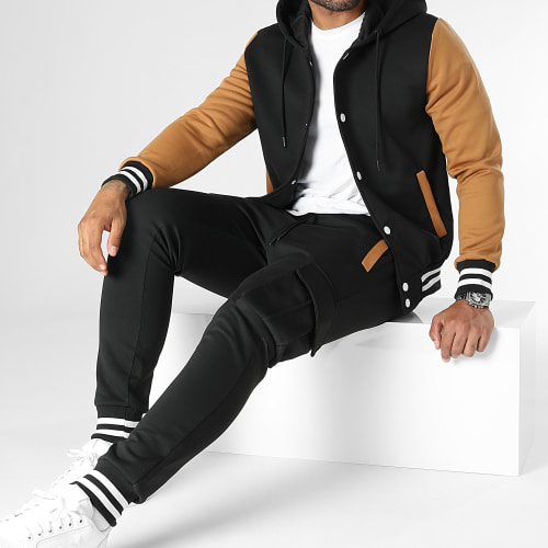 Ensemble Veste Teddy Capuche Et Pantalon Jogging 0121 Noir Camel
