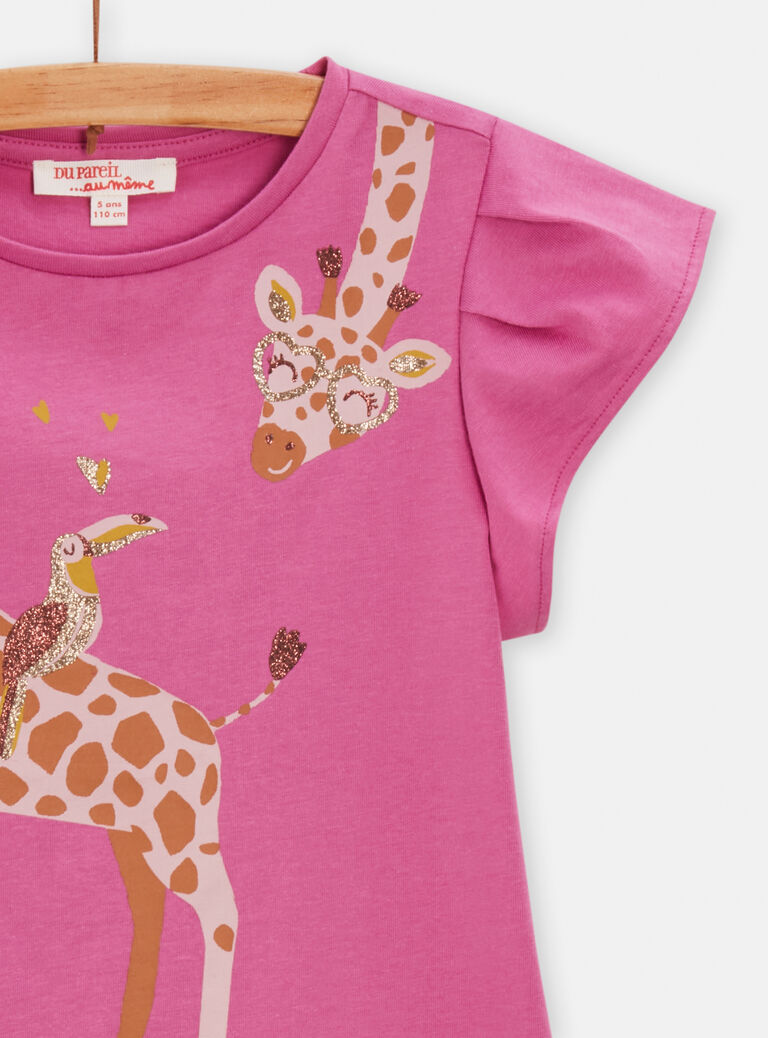 T-shirt rose animation girafe et toucan pour fille