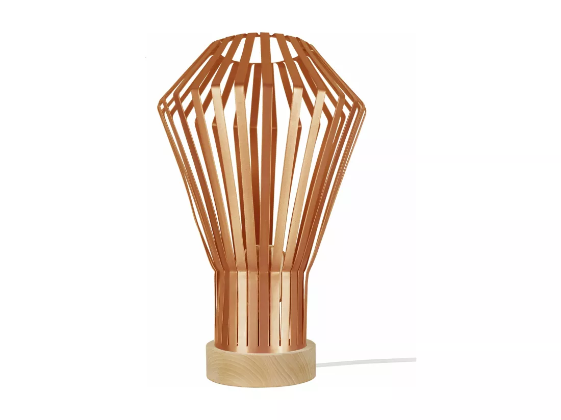 Lampe a poser bois, conique métal cuivre 43 cm.