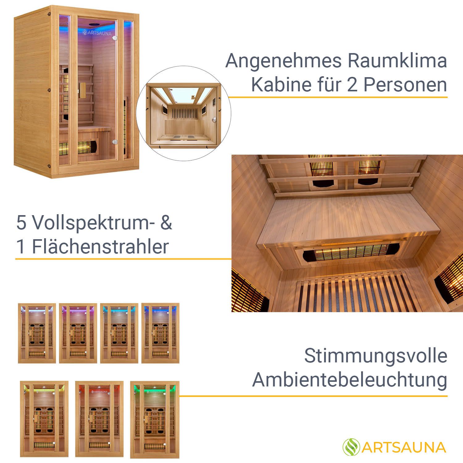 Artsauna Infrarotkabine Nyborg S120V Vollspektrumstrahler & Ambiente LED Beleuchtung – Kabine für 2