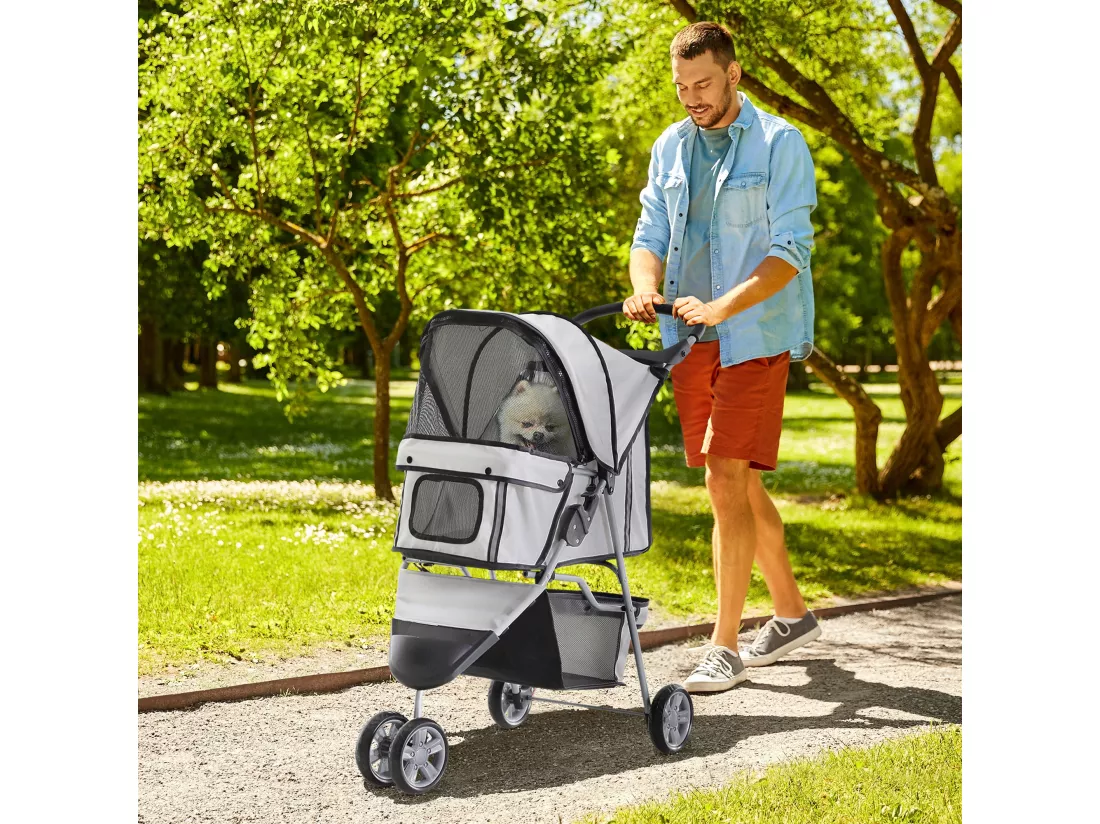 Poussette buggy pliable animaux chariot pliant chien chat porte-gobelet panier de rangement inclus roues avec frein tissu 600D Oxford métal gris