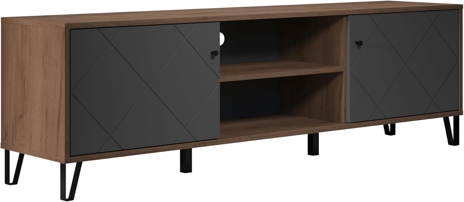 trendteam smart living - Montez - TV-Schrank - Grau/Eiche - TV-Unterschrank mit 2 Türen (für TV bis 65'') und 2 offenen Fächern - (BxHxT) 183 x 56 x 40 cm - Türfront mit Rautenoptik, Soft-Close